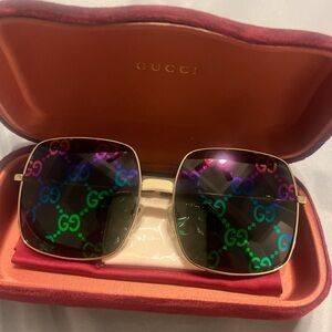 Gucci Gold Frame Sunglasses with Multicolor Monogram Pattern